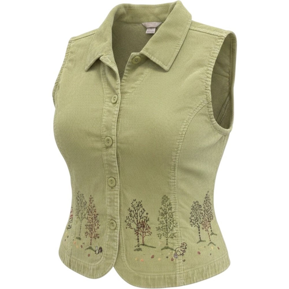 Christopher & Banks Green Corduroy Embroidered Cabin Squirrel Vest Womens XL